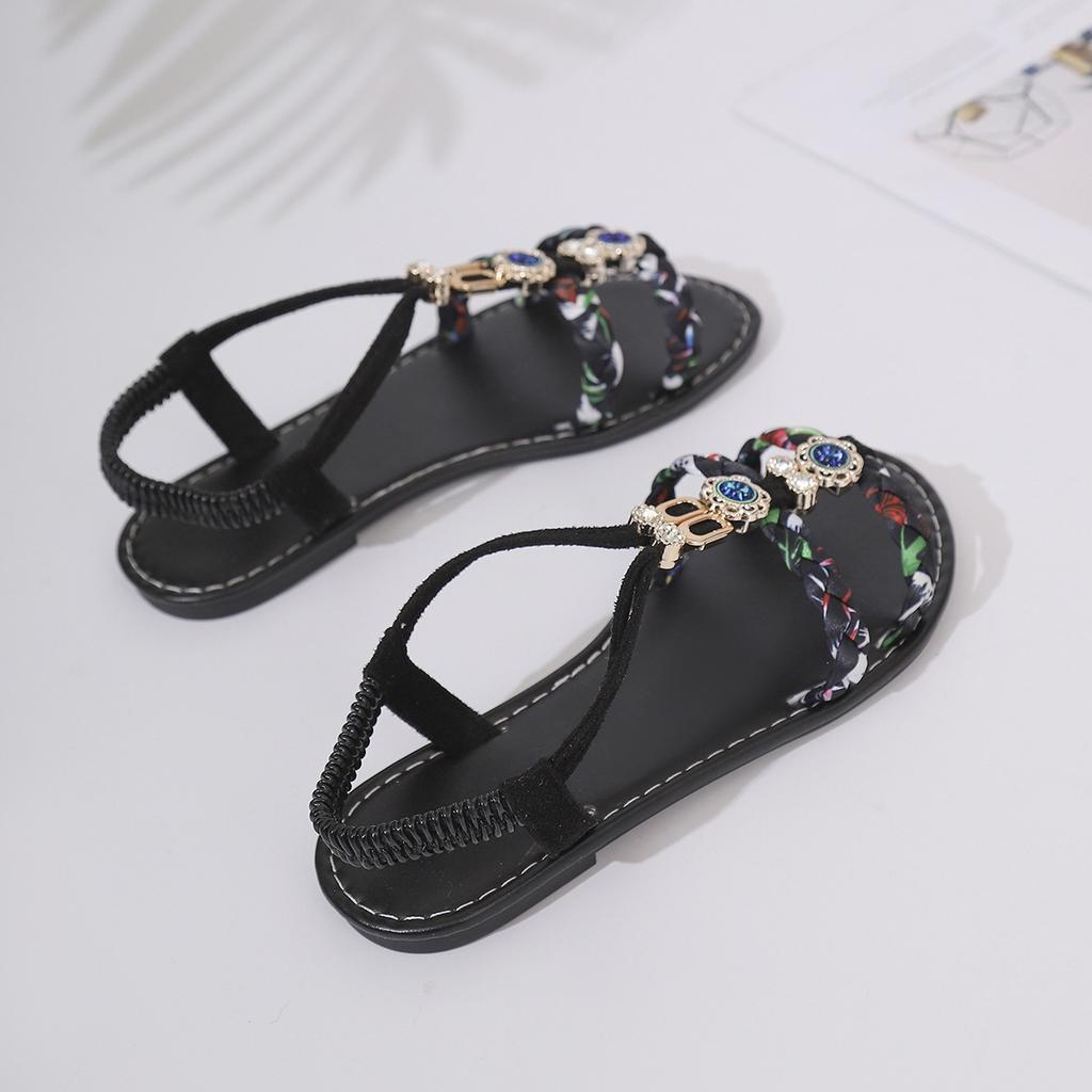 Women's Bohemian Style Sandals, Summer Colorful Woven Beaded Round Toe Comfort Flat Sandals