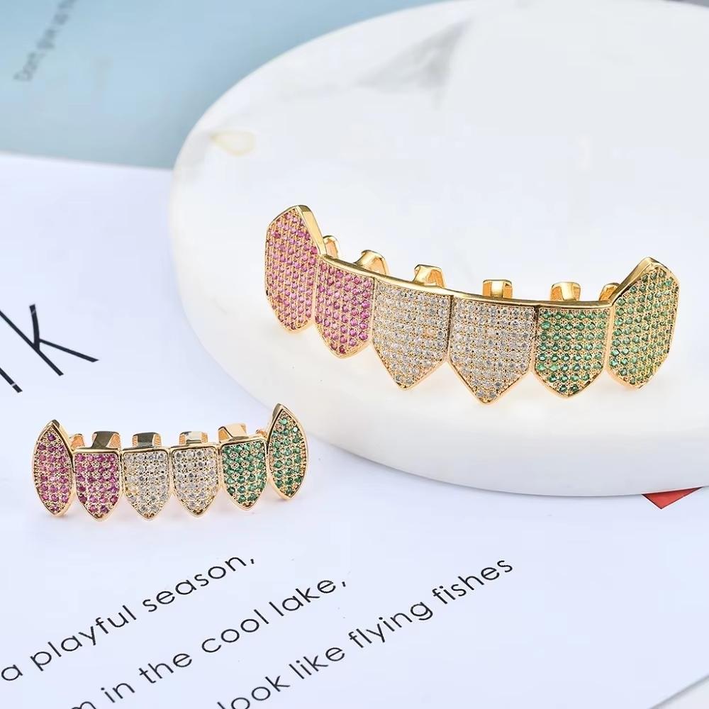 Multicolour Cubic Zircon Teeth Grillz Hip Hop Jewelry Gold Plated Iced Out Bling CZ Tooth Dents Grillz for Teeth Men Women