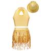 Girls Sleeveless Mock Neck Hollow Front Keyhole Back Sequin Patchwork Crop Top Sequins Tassel Briefs Hat