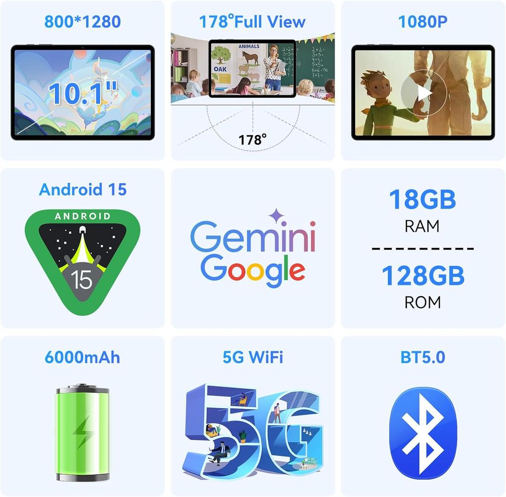 TABWEE T80 Set Android 15 6GB RAM 128GB ROM Tablet 10.1 Palců 1280x 800 FHD Displej Osmijádrový UMS312(T310) PC Tablet