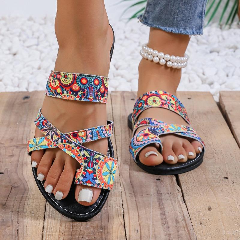 

Летние новые дышащие сандалии с принтом и закрытым носком, большого размера, женские сандалии на плоской подошве, прохладные шлепанцы 43
