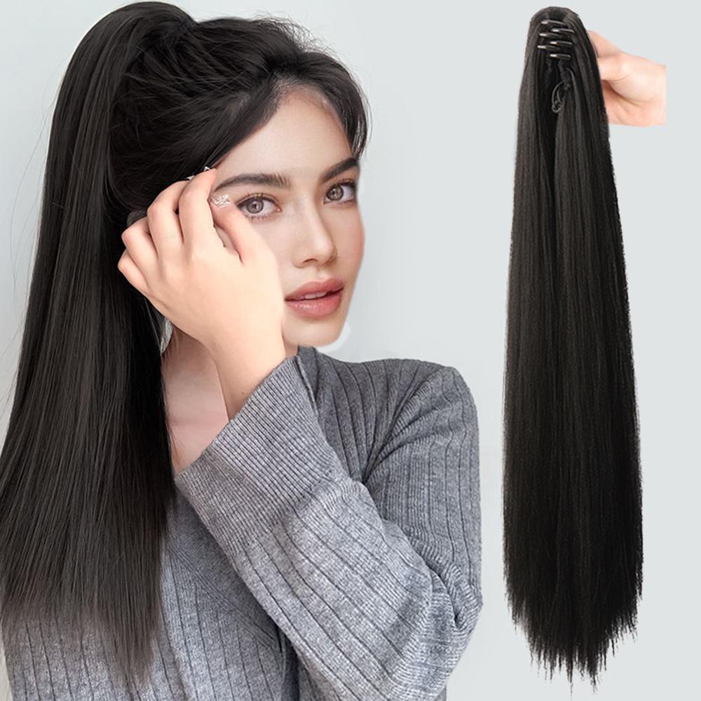 Bybrana Clip-on straight ponytail black brown synthetic hair wig