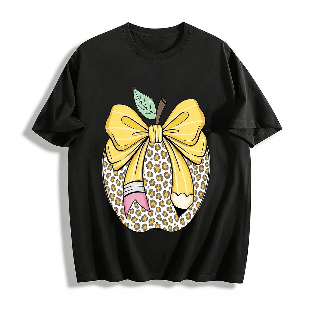 Leopard Print Apple Pencil Bow Graphic Casual Top Pure cotton T-shirt XXS