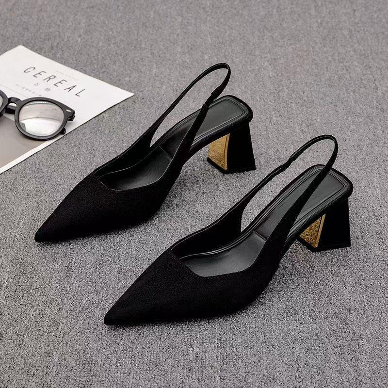 2025 summer fashion sandals new black bag head sandals women's pointed thick heel high heels women's fashion versatile temperament