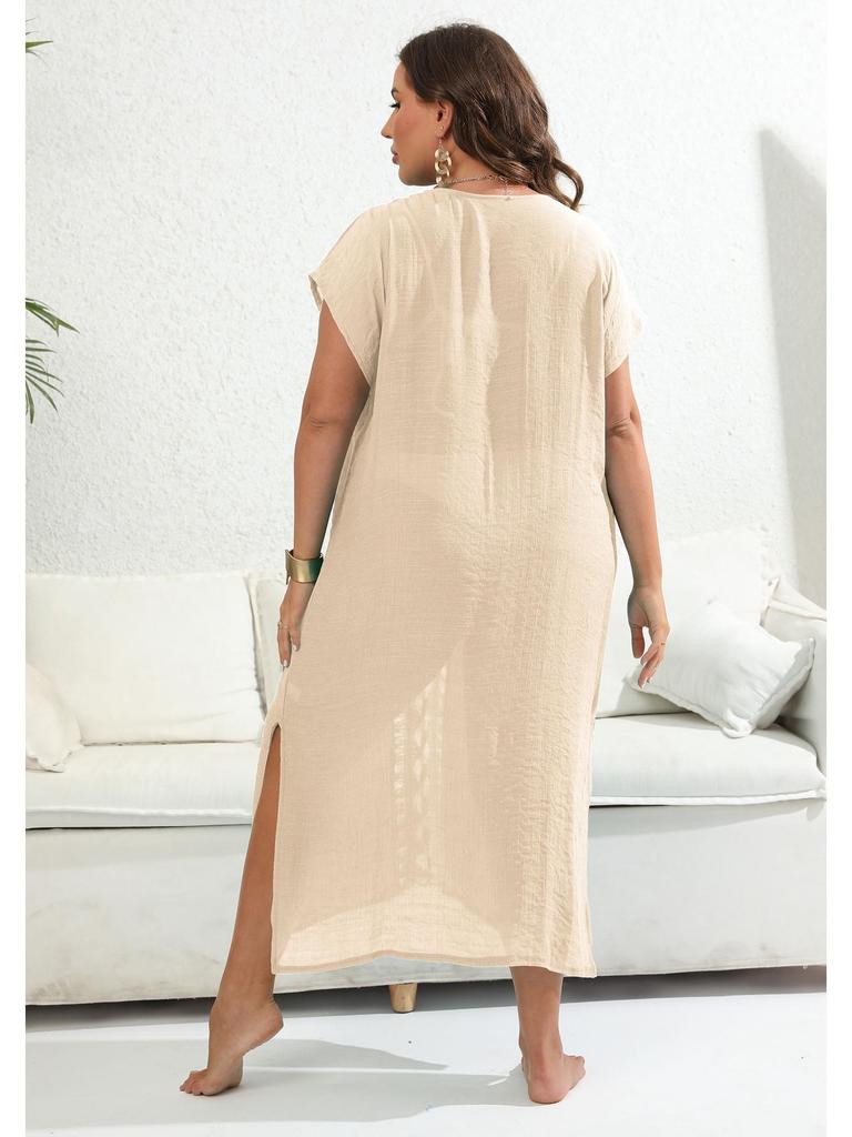 Plus Size Hand-Crocheted Color Block Deep V Slit Beach Cover-Up Dress
