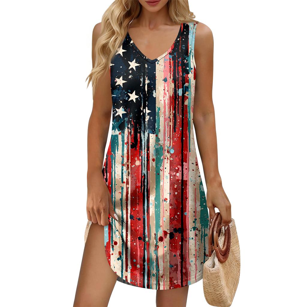 Women's Summer Casual Sun Skirt With Pocket V-Neck Independence Day Printed Loose Vest Dress