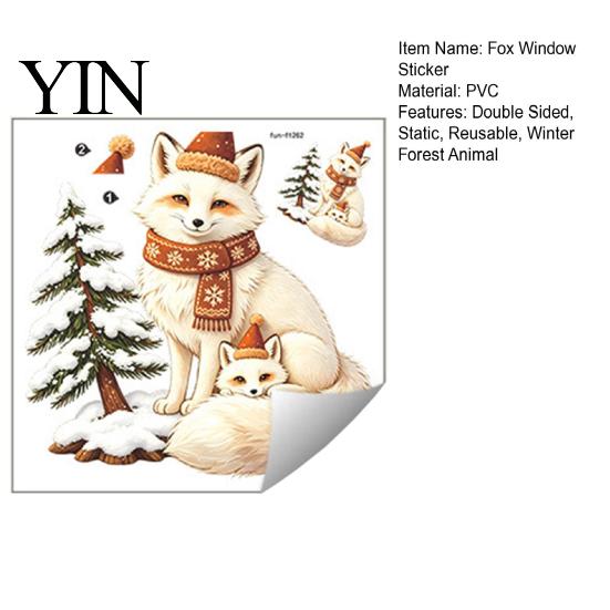 Winter Holiday Decorations Christmas Fox Window Clings, Forest Animal Double-Side Sticker, Decorative Fridge Decals Cute Reusable Static Glass