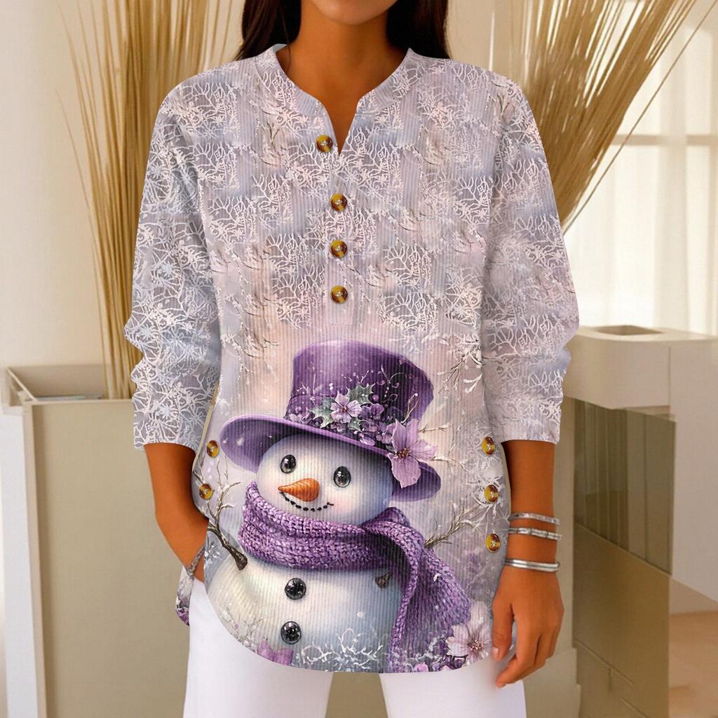 Women's Fashionable Button Collar Long-sleeved Christmas Print Pullover Top