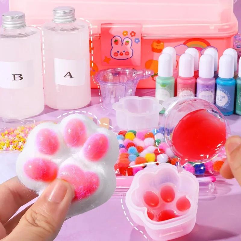 DIY Cartoon Squishy Kit Taba Squeeze Cat Paw Pinching Silicone Kneading DIY Material Set AB Glue Handmade Mold Cute Toy Kid Gift
