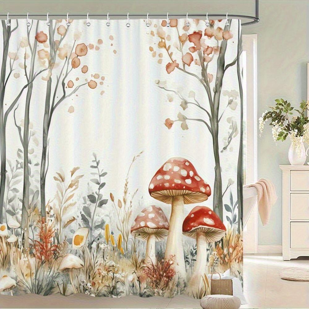 

Mushroom Shower Curtain – Watercolor Autumn Forest, Red Amanita & Leaves, 12 Hooks, 70.8×70.8 In, Polyester, Machine Washable W60H190(CM)-1 Pcs
