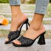Women's Square Toe One Word Open Toe High Heel Cool Summer New Patent Leather Sequin Rhinestone Shaped Heel Sandals