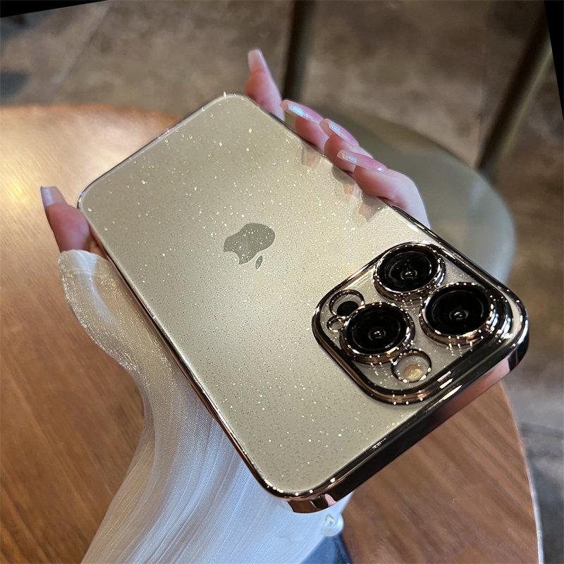 

Роскошный блестящий чехол для телефона с гальваническим покрытием для iPhone 11 12 13 14 15 Pro Max Plus, прозрачный противоударный бампер, чехол iPhone 14 Pro Max золотой