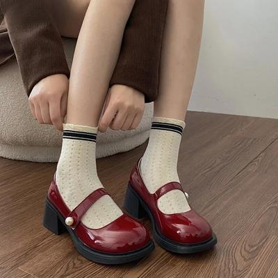Rote Mary Jane Schuhe mit dickem Absatz für Damen, modische Schuhe mit runder Spitze, Frühling 2025, Damen, lässige Pumps im College-Stil