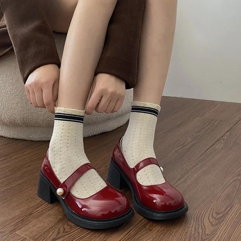 Fashion Thick Heel Red Women Mary Jane Shoes Fashion Round Toe Shoes 2025 Spring Ladies Casaul College Style Pumps