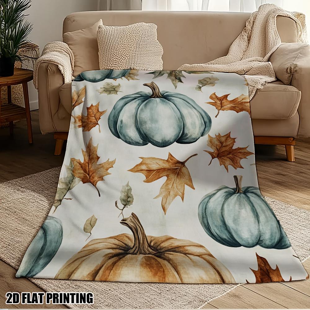 1pc Ultra-Soft Flannel Blanket Shawl - Pumpkin & Fall Leaves Print in Blue, Orange, Brown, Beige & White | All-Season Cozy Throw