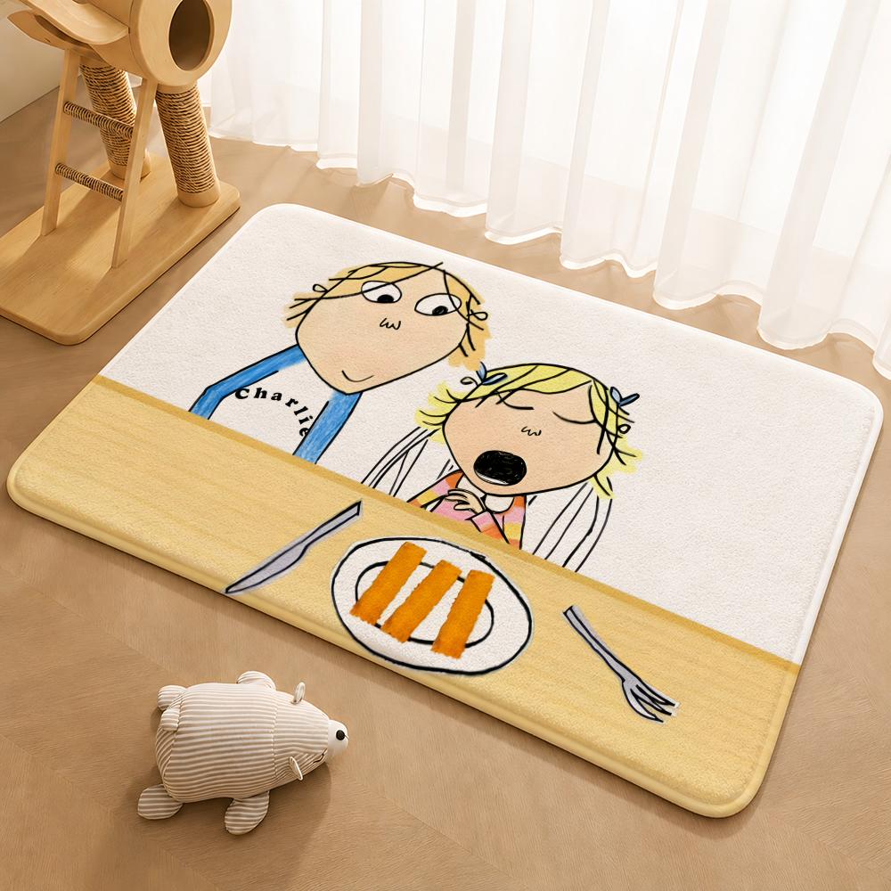 Charlie und Lola Anime Bodenmatte Fußmatte Weiche Flanell-Rutschfeste Tür-Teppich für Wohnzimmer