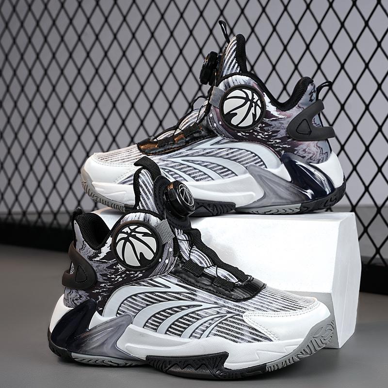 Boys' shoes summer mesh surface breathable luminous 2024 new children's sports shoes soft soled rotary button basketball shoes