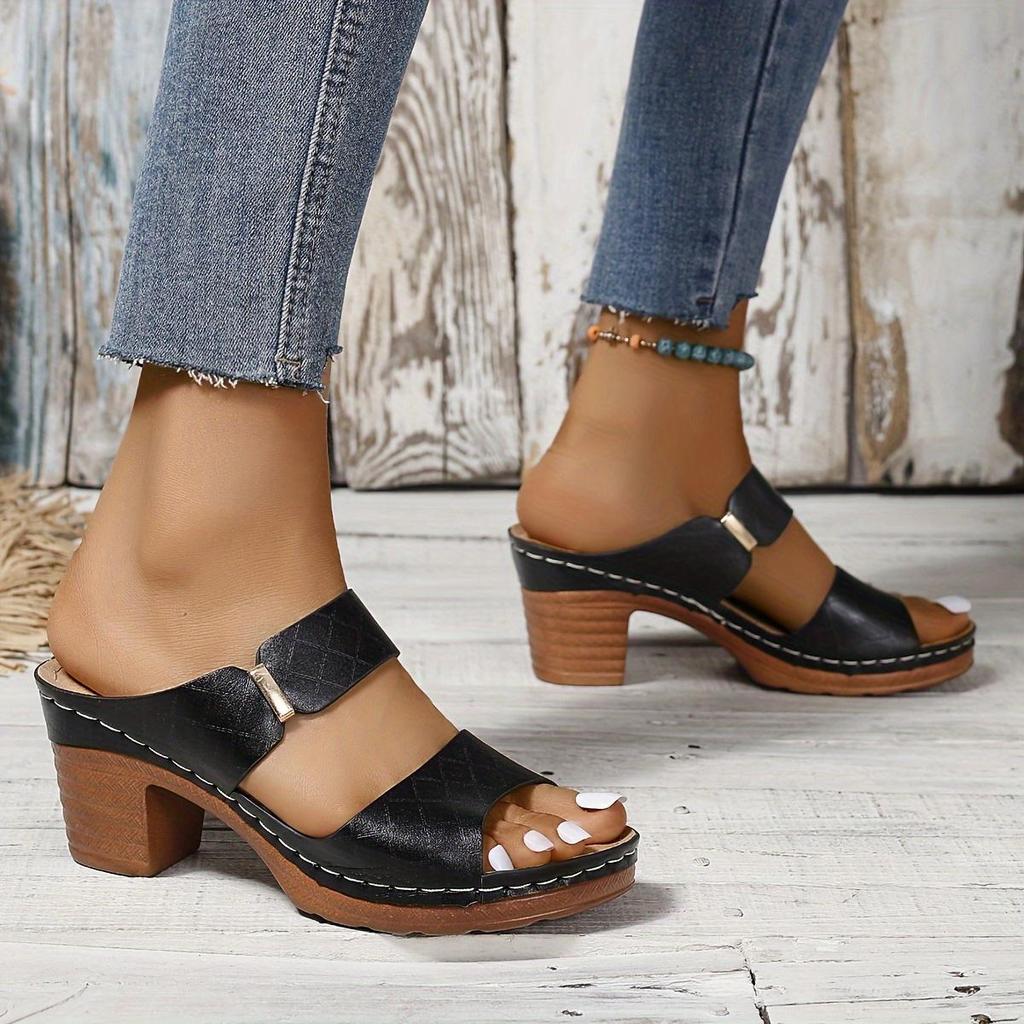 Women's Block Heeled Peep Toe Sandals - Stylish Slip On Heels for Going Out and Casual Summer Wear