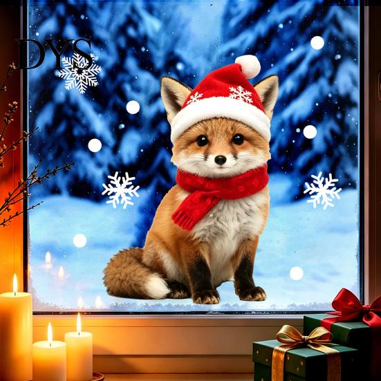 Seasonal Glass Window Art Christmas Animal Static Clings, Cute Cat/Puppy/Racoon Stickers, PVC Easy Apply Wall Decals Waterproof Sticker for Home Store