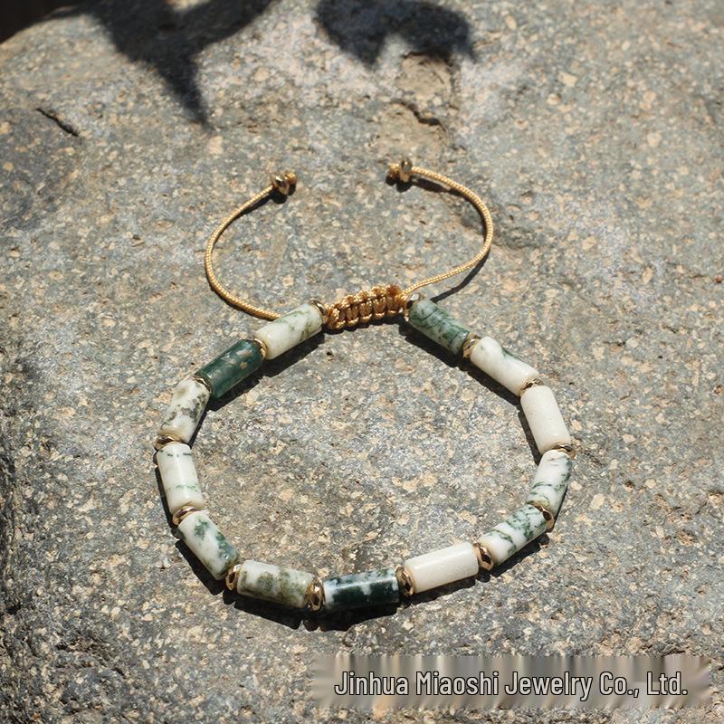Bohemian Retro Green Agate Bamboo Bracelet - Adjustable and Woven Design