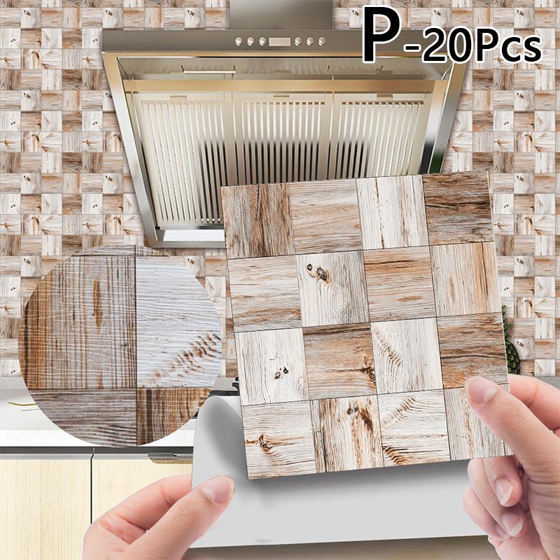 20pcs 10*10cm Wallpaper Wood Grain PVC Self-Adhesive Wall Sticker Waterproof Home Decoration