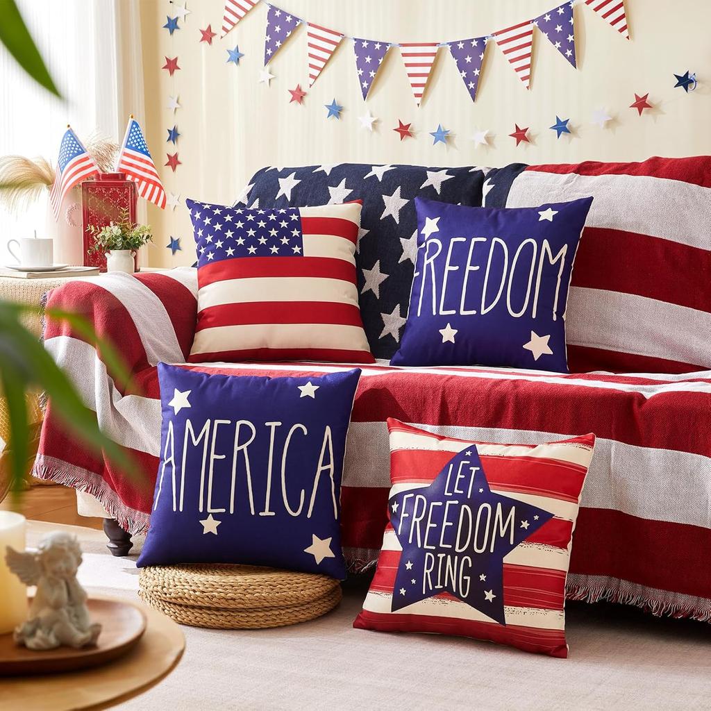 4Th Of July Pillow Covers, Red White Blue Summer Outdoor Throw Pillow Covers, Day Usa Flag Linen Fourth Of July Cushion