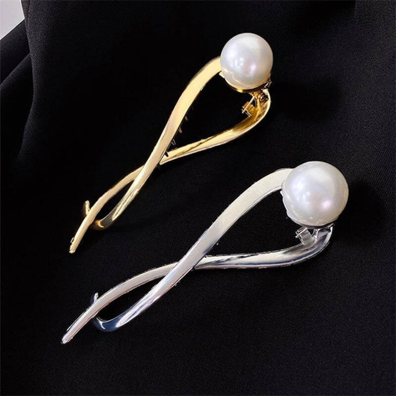 1pc Simple Métal Or Argenté Couleur Perle Pince à Cheveux Élégante Féminine Twist Pince à Cheveux Pince Requin Ornement pour Cheveux Bijou Cadeau