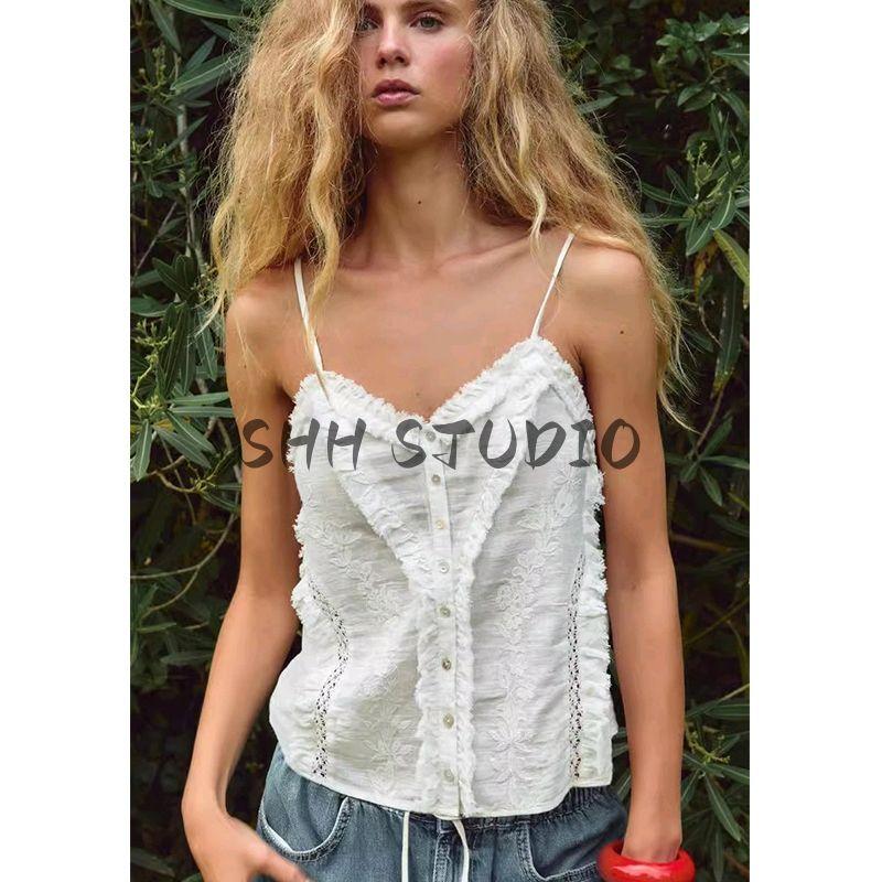 Spring New Women's Clothing Pure Desire Style Laminated Decoration Embroider Cotton Tulle Sling Tops 0881073