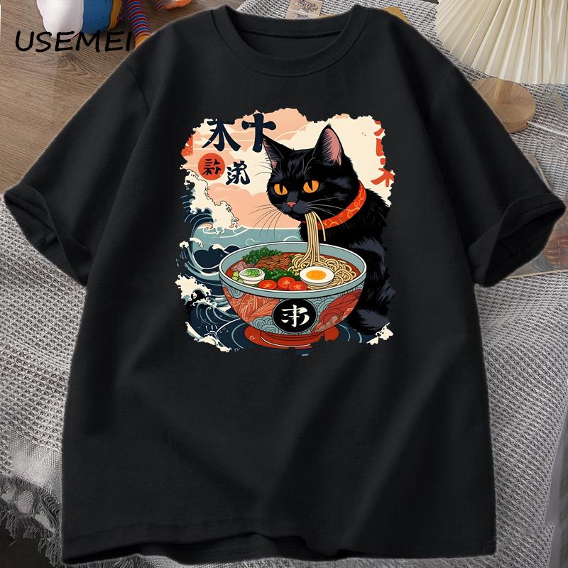 Kawaii Katt Anime T-shirt Ramen Japansk Rolig Grafisk T-shirt Kawaii Nudelkatt T-shirt Man Kortärmad T-shirt Harajuku Kläder