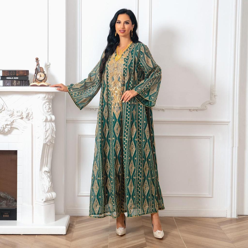 AB293 2023 Plus Size Sequin Embroidered Floral Evening Gown for Muslim Women