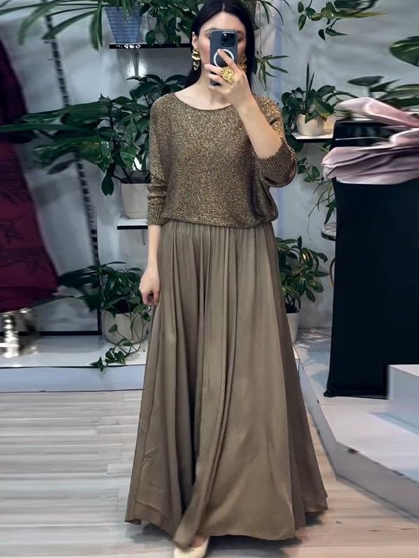 2025 Spring European & American Gold Long Sleeve Top and Skirt Two-Piece Set Women's Clothing