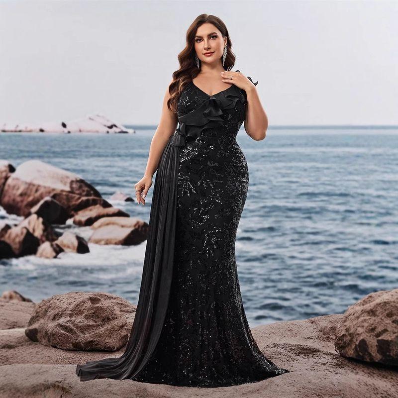 European and American Style Long Dress for Plus-Size Women, V-Neck, Ruffled Sleeves, Cocktail Party Evening Dress, Mother's Dress, Party Dress
