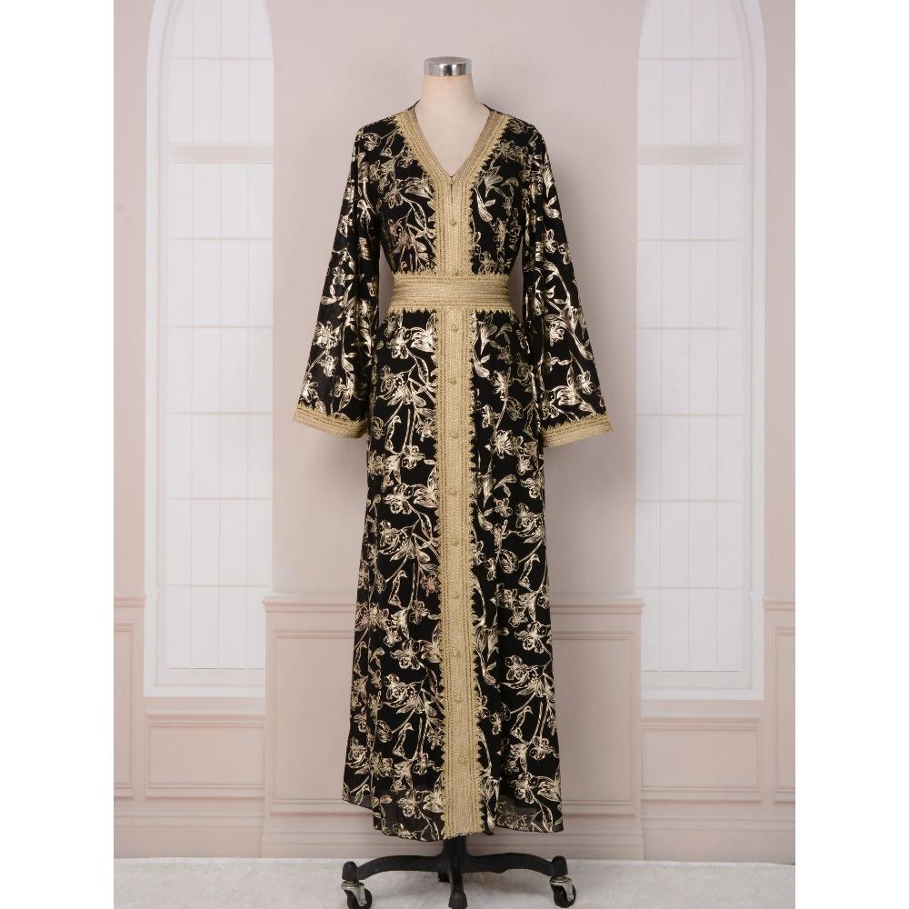Women's Evening Gown: Stylish Long Dress Featuring Textured Floral Patterns and Gold Foil Accents