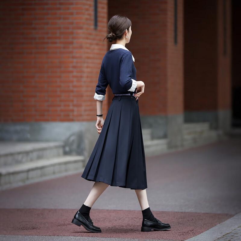 Demana Color-Block Pleated A-Line Midi Skirt M