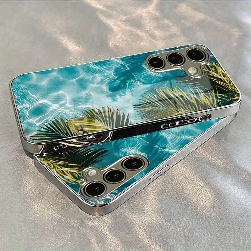 

Позолоченный чехол из закаленного стекла для телефона Samsung Galaxy S26, S25, S24, S23 и S22 Ultra Plus. Дизайн с кокосовой пальмой на пляже. For Galaxy S26