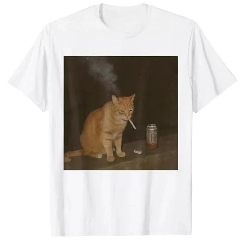 Unisexs Y2k Graphic Tshirt For Drinking Lovers Cat Emoji Graphic Cat Smoking And Drinking Beer Bad Guys Get Sad Fashion Clothing
