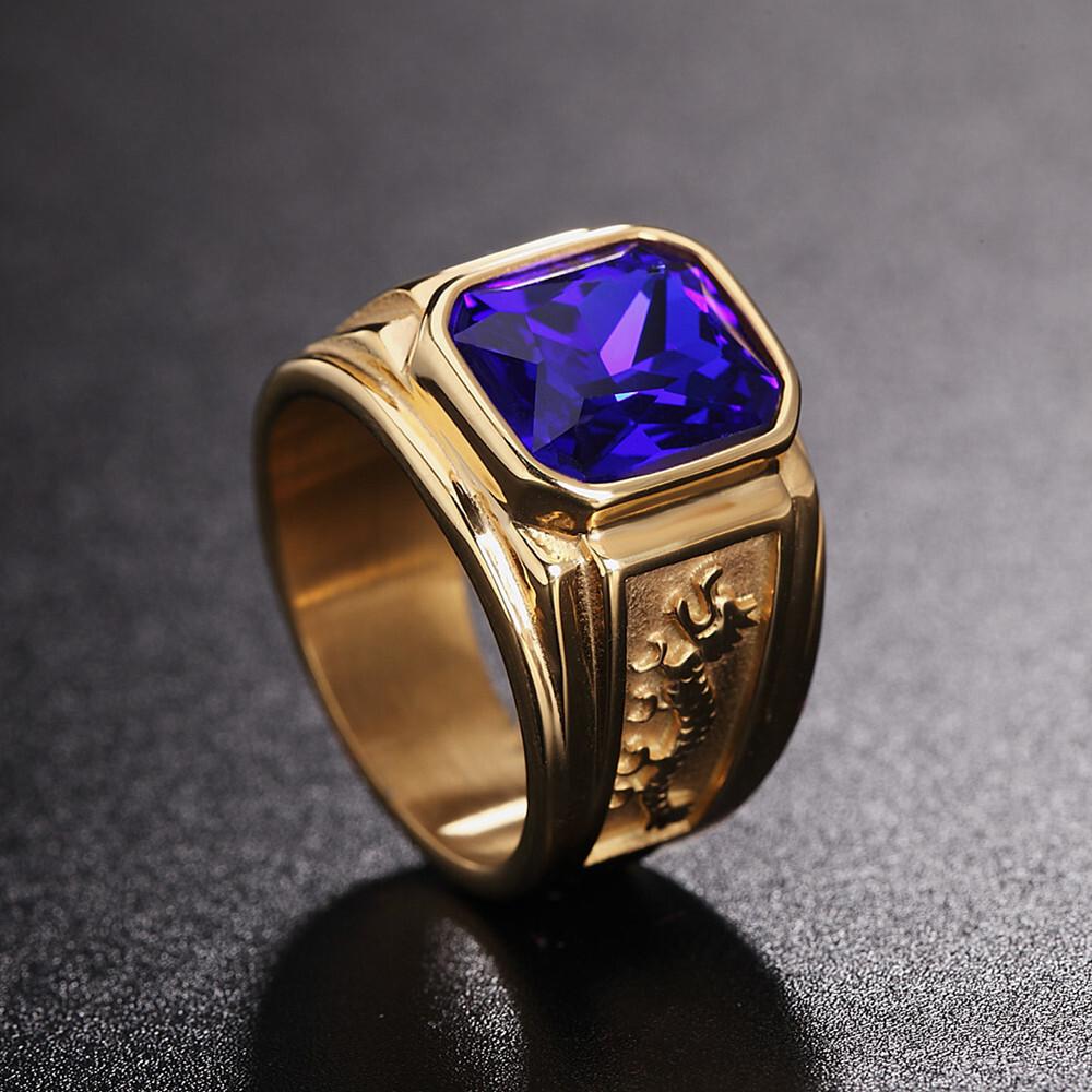 WOSIKATE 18K Gold Plated Domineering Dragon Pattern Ring For Men Vintage Square Zirconia Index Finger Ring Fashion Jewellery