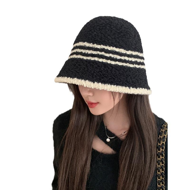 Striped Hat Women's Autumn and Winter Warm Imitation Lamb Wool Bucket Hat Outdoor Winter Show Small Basin Hat Thick