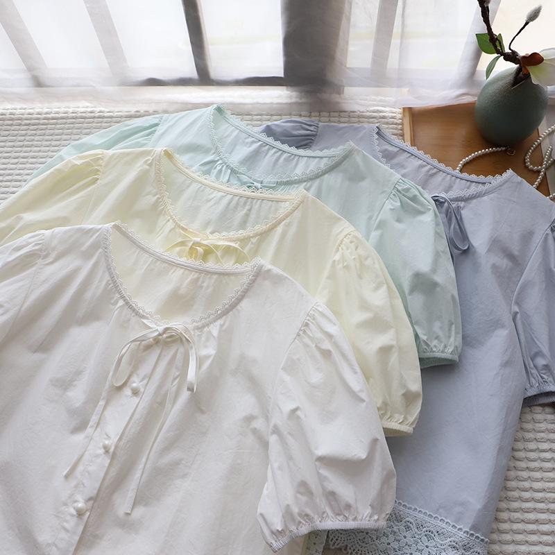 Bi Zheng 2025 Summer Korean Style Lace Patchwork Bubble Sleeve Tie-Up Shirt