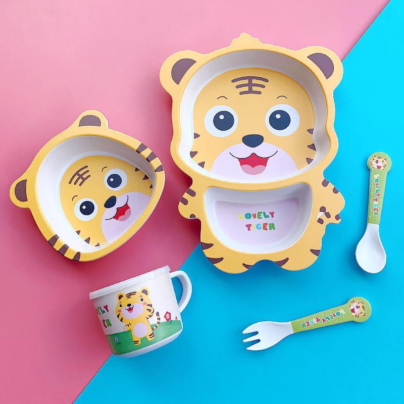 Cartoon cute bamboo fiber children's tableware set animal household baby auxiliary food bowls divided plate eco friendly dishset