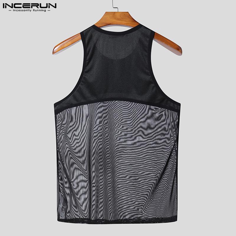 INCERUN Men Sleeveless Mesh Sheer Patchwork Fitted Party Club Tank Tops