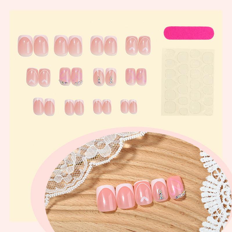 24pcs Press On Nails Short Cute Pink Heart White French Style 3D Rhinestone Design Nails Fashion Full Coverage Fake Nail Tips For Women And Girls