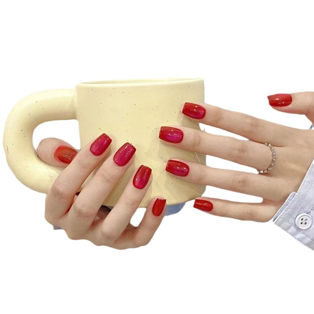 EL YAPIMI Yapay Tırnak Ejder Meyvesi Cam Boncuklar Kedi Gözü Erik Sosu Kristal Sahte Tırnak Seti Yapıştırıcılı Yeniden Kullanılabilir ve Çıkarılabilir Takma Tırnaklar