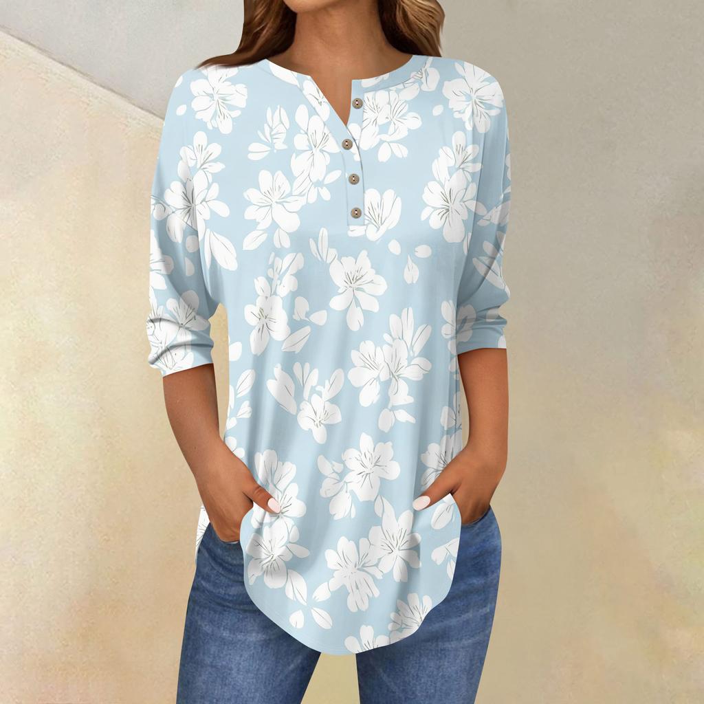 Tee Shirts For Women Fall Casual 3/4 Long Sleeve Button Shirts Sweatshirt Vintage  Top Pullover