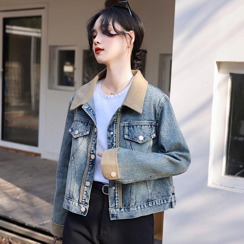 Retro contrasting color splicing denim jacket women's spring loose design sense niche small short jacket top tide