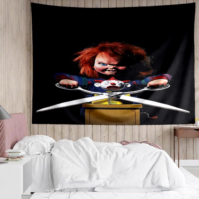 Chucky Print Tapestry, Backdrop, Easy Setup, Ideal for Bedroom, Office & Living Room, with Aesthetic Wall Hanging Decor.
