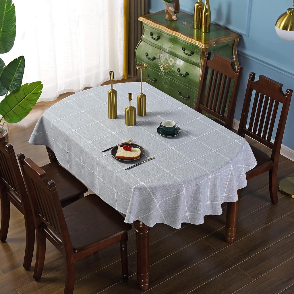 Lattice Oval Tablecloth Rustic Embroidery Cotton Linen Fabric Grey Checkered Table Cover Tablecloths for Kitchen Dining Party Tabletop Decoration 60