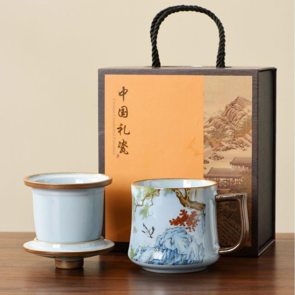 Ru kiln mug gift box with lid tea separation water cup ceramic tea brewing office cup business meeting souvenir