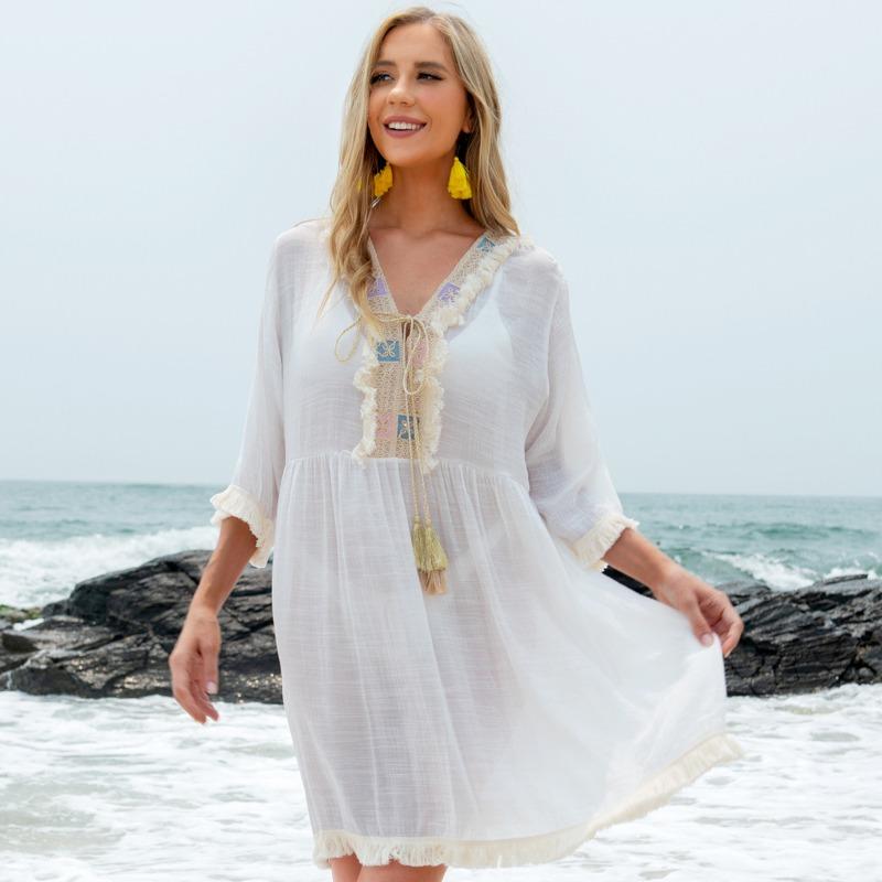 

Summer Women V-Neck Half Sleeve Dress Smock Loose Fashion Elastic Waist Design Dresses Beach Vacation Breathable Sun Protection Dress