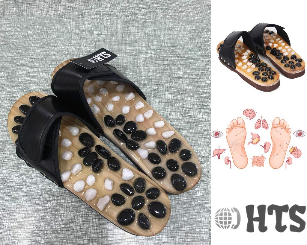 [HTS] Healthy Foot Massage Sandals with Pebbles and Natural Stones for Powerful Stimulation and Comfort (Black, Large)